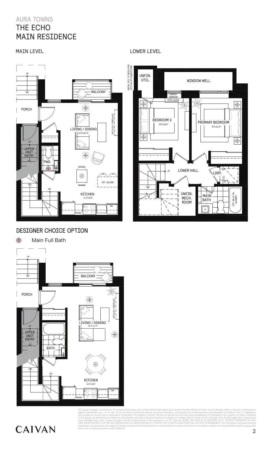 Floor plans of The Echo Main Residence, 811 sq. ft., main level and lower level