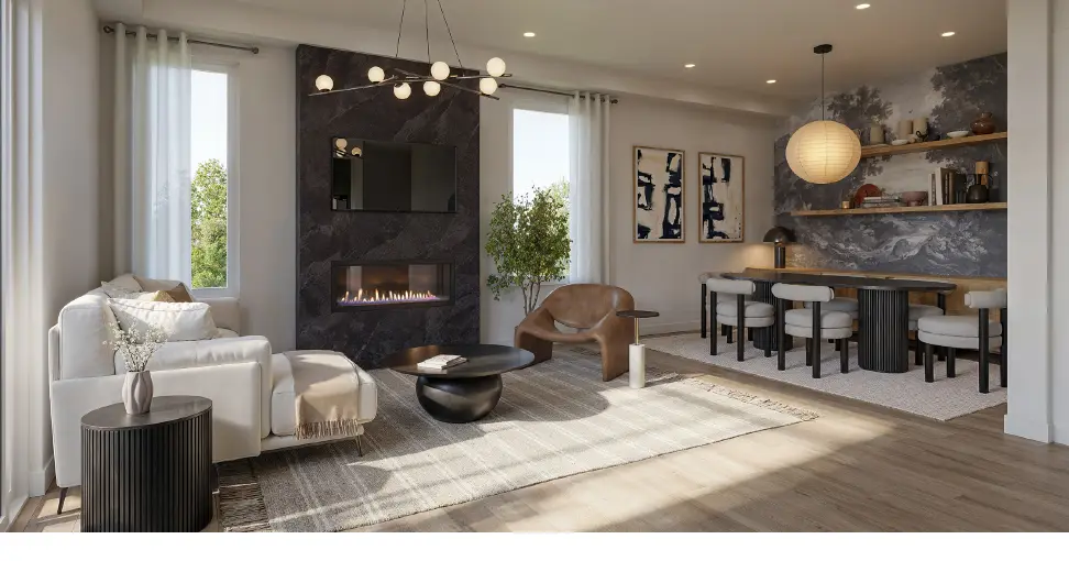 Rendering of a living and dining room in an Aura Towns Main Residence