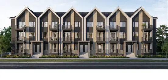 Rendering of a row of Aura stacked townhomes with pitched gable rooflines