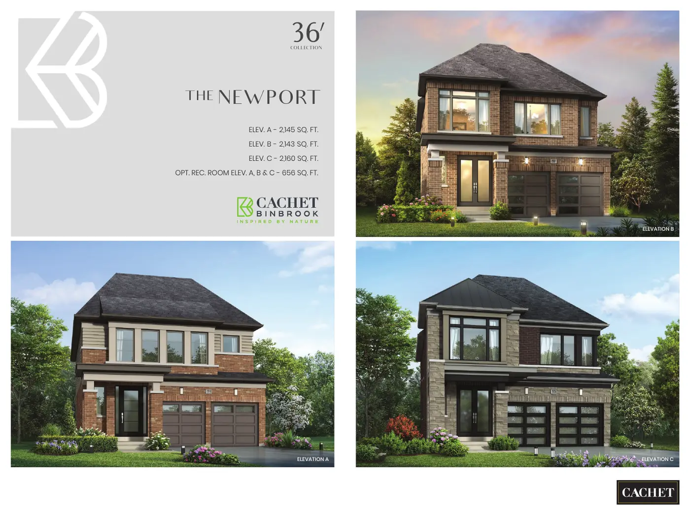 Renderings of three elevations of the Newport 36' detached home