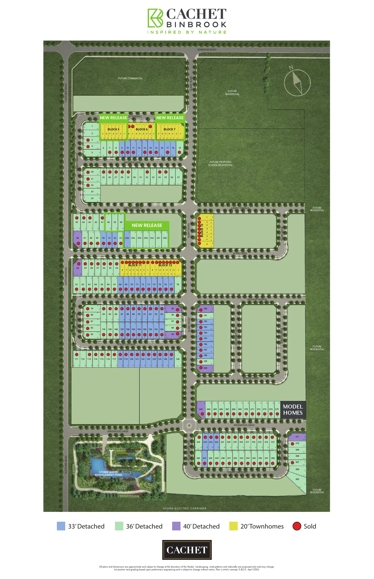 Cachet Binbrook site plan showing 20' townhome and 33', 36' and 40' detached lots