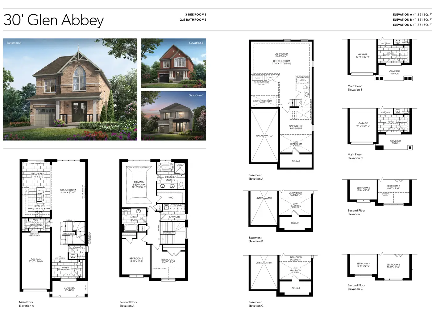 Floor plans of the 30' Glen Abbey, 1,851 sq. ft., with three elevations