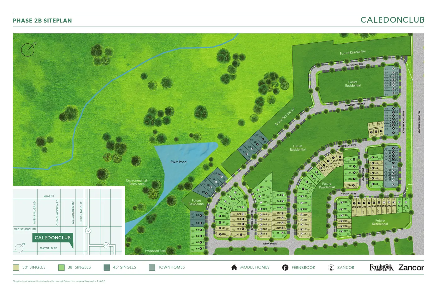 Caledon Club Phase 2B site plan showing 30', 38' and 45' singles, townhomes, a pond and a proposed park