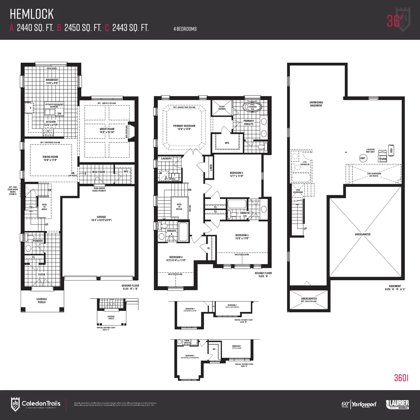 Floor plans of the 36' Hemlock, 2,440 sq. ft., ground, second floor and basement