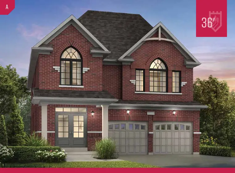Rendering of the 36' Hemlock detached home, elevation A, red brick with double garage