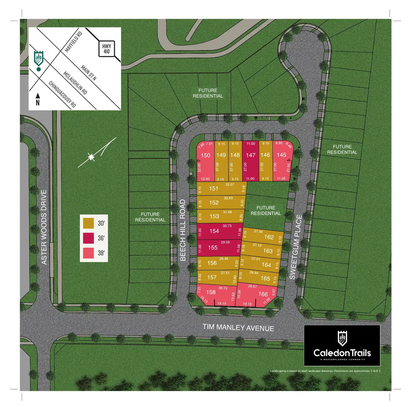 Phase 1C site plan showing 30', 36' and 38' lots on Beech Hill Road and Sweetgum Place