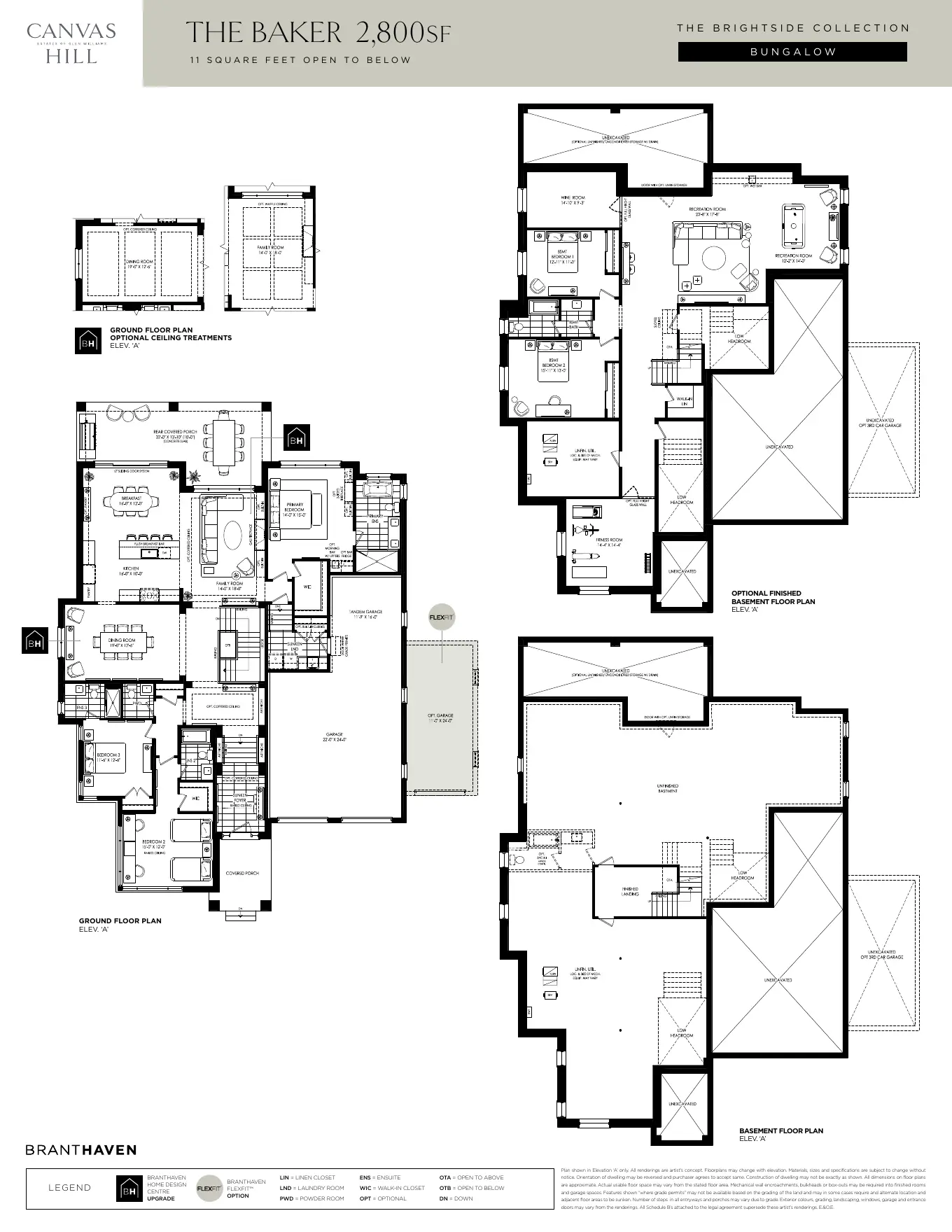 Floor plans of The Baker bungalow, 2,800 sq. ft., ground floor and basement options