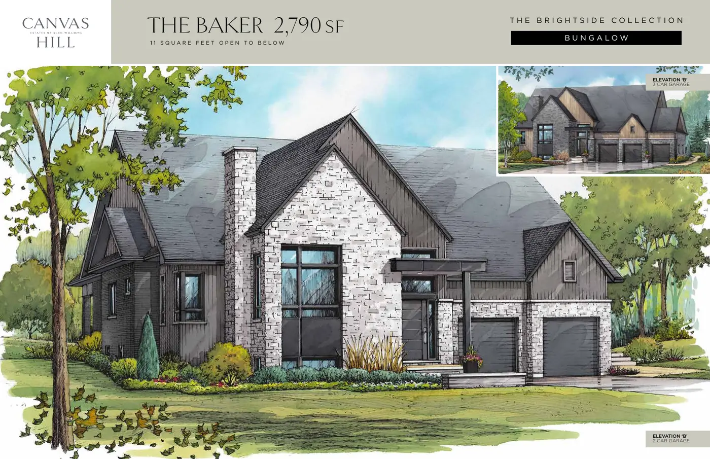 Illustration of The Baker bungalow, Brightside Collection, with stone and board-and-batten exterior