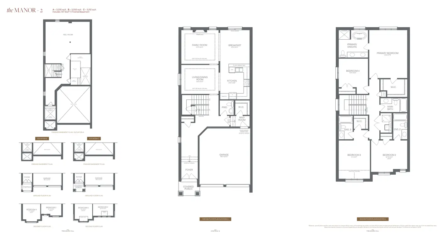 Floor plans of the Manor 2, 3,200 sq. ft., basement, ground floor and second floor