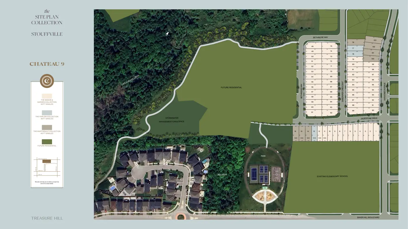 Chateau 9 site plan showing 32', 36' and 40' singles, park and school