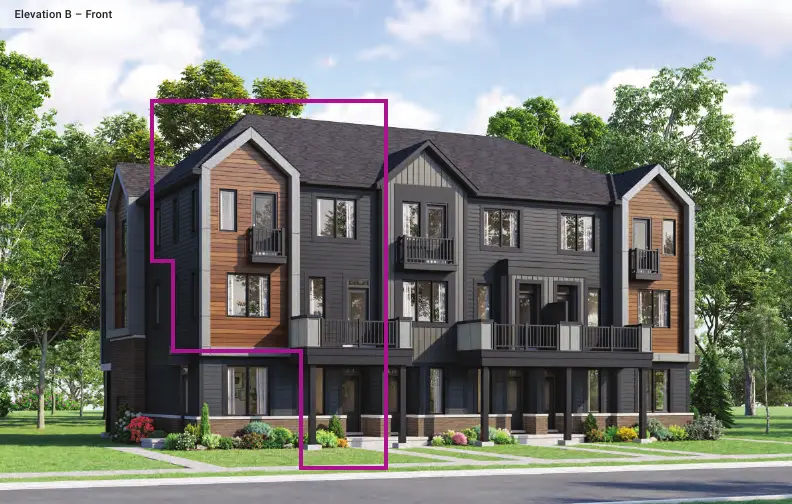 Rendering of a 1,184 sq. ft. end-unit townhome with elevation options