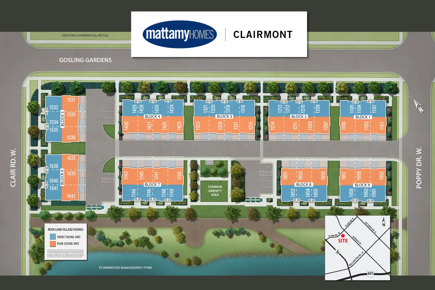 Clairmont site plan showing townhome blocks, Clair Rd W, Poppy Dr W and the stormwater pond