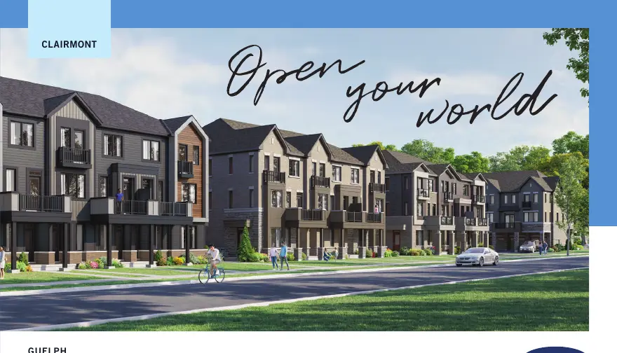 Rendering of Clairmont rear lane village townhomes along a street