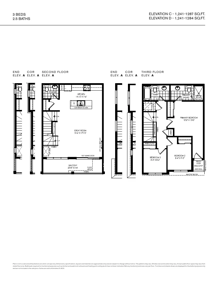 Second and third floor plans of the Liam back-to-back townhome, 3 bedrooms