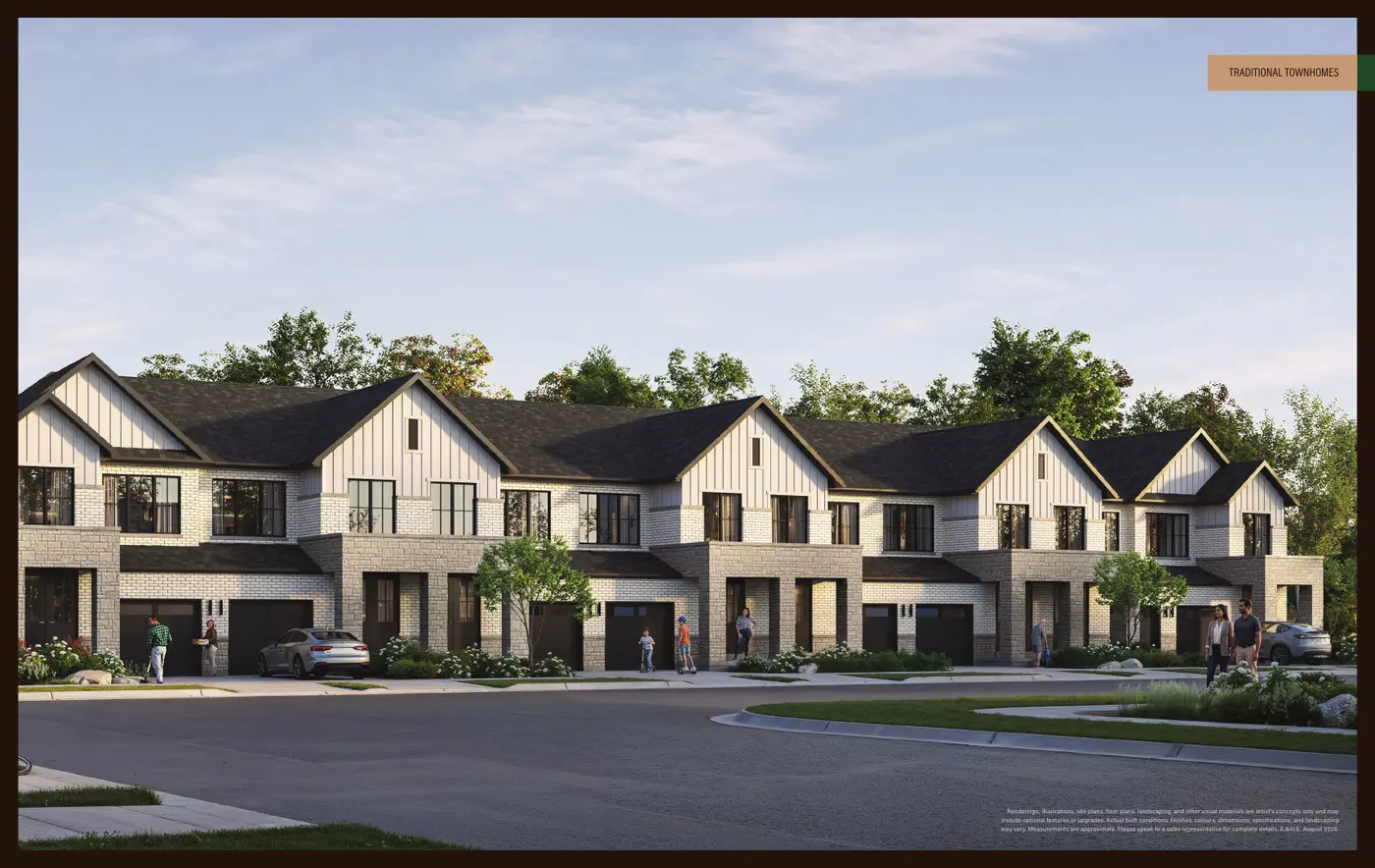 Rendering of a Cornerstone townhome streetscape with two-storey and three-storey homes