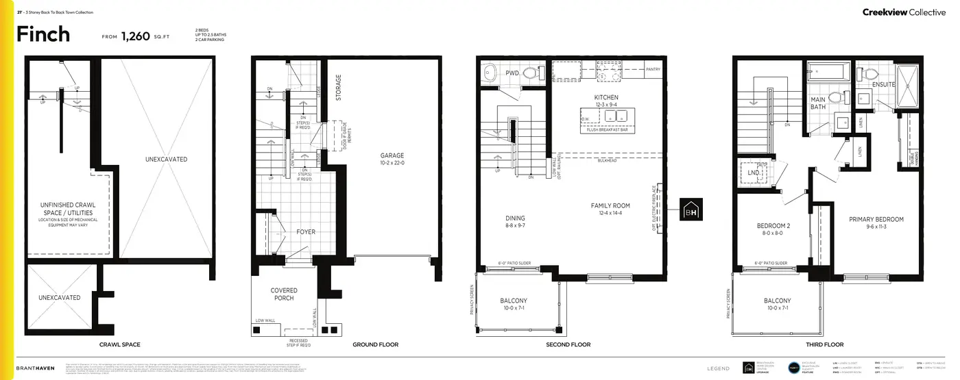 Floor plans of the 21' Finch back-to-back town, 1,260 sq. ft., ground to third floor