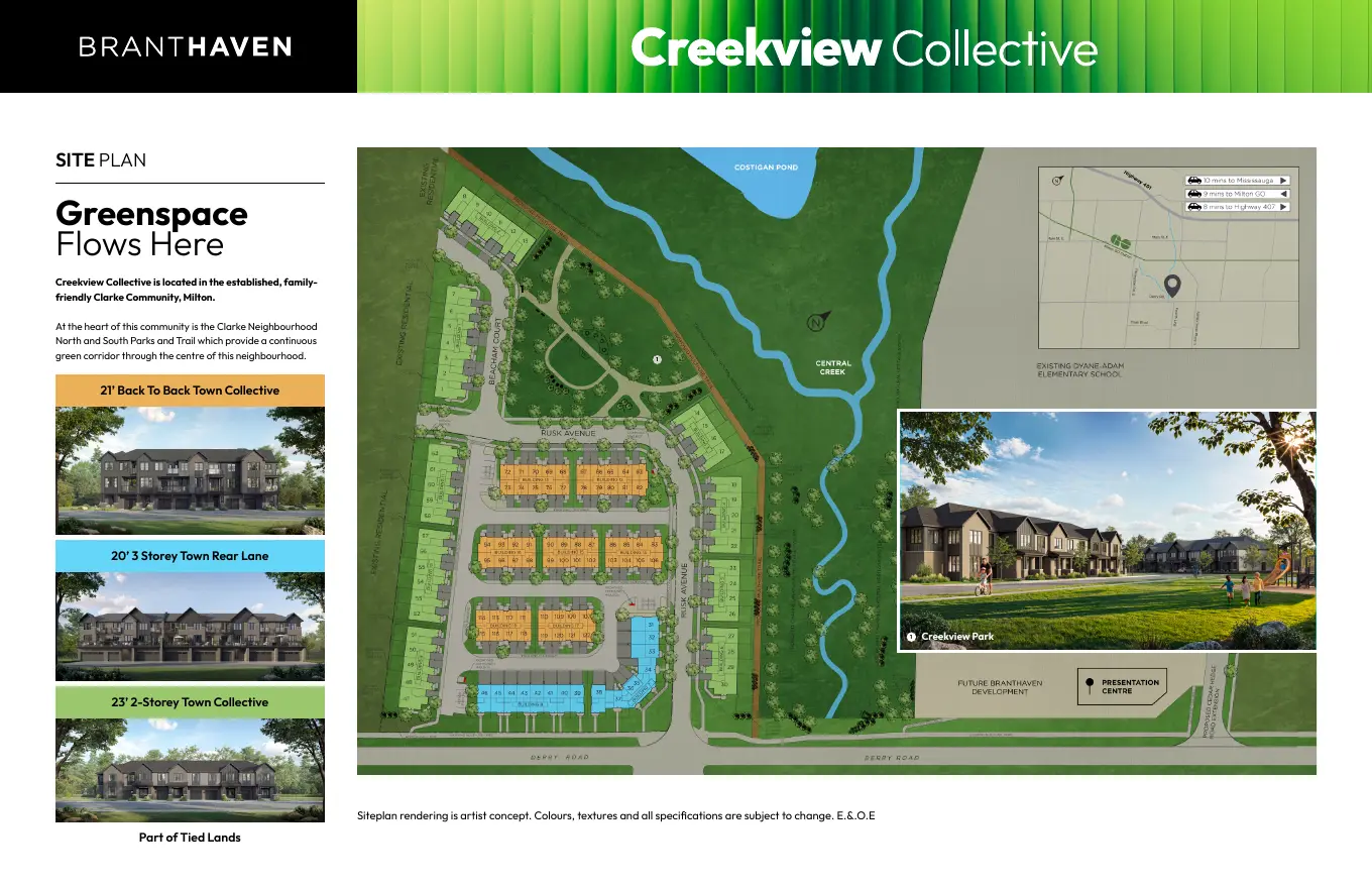 Creekview Collective site plan showing townhome blocks along Rusk Avenue beside the creek and Derry Road