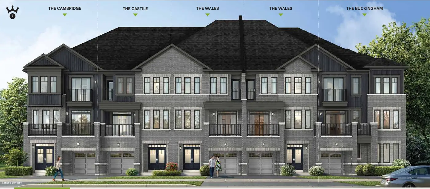 Rendering of a block of back-to-back townhomes (Cambridge, Castile, Wales, Buckingham) with brick facades and garages