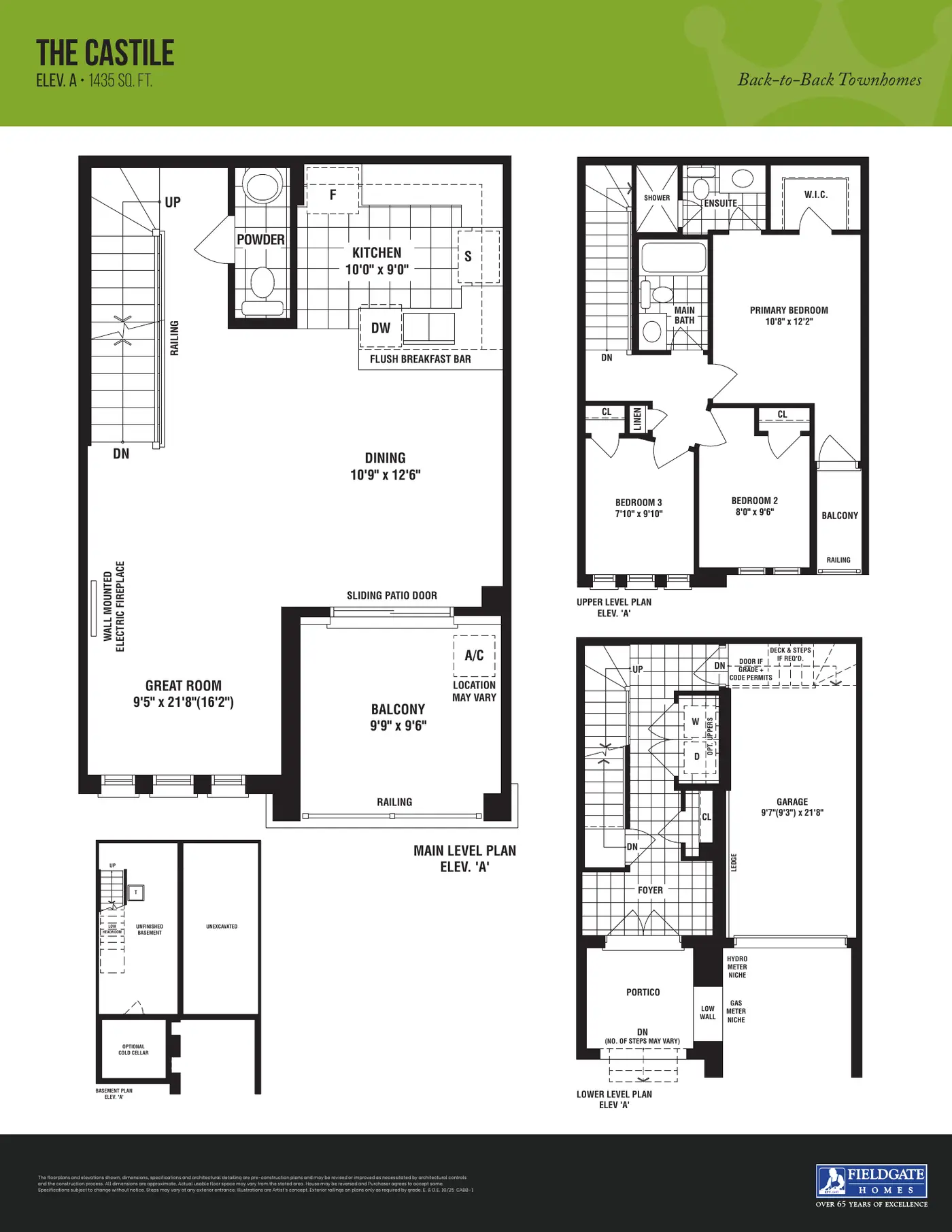 Floor plans of the Castile back-to-back townhome, 1,435 sq. ft., lower, main and upper levels
