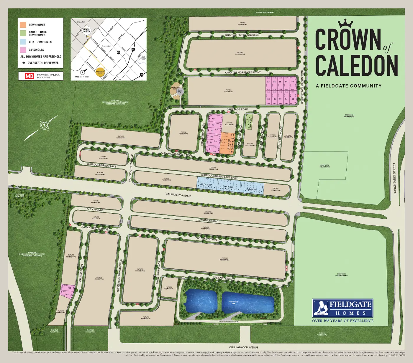 Crown of Caledon site plan showing townhomes, back-to-back, city towns and 38' singles