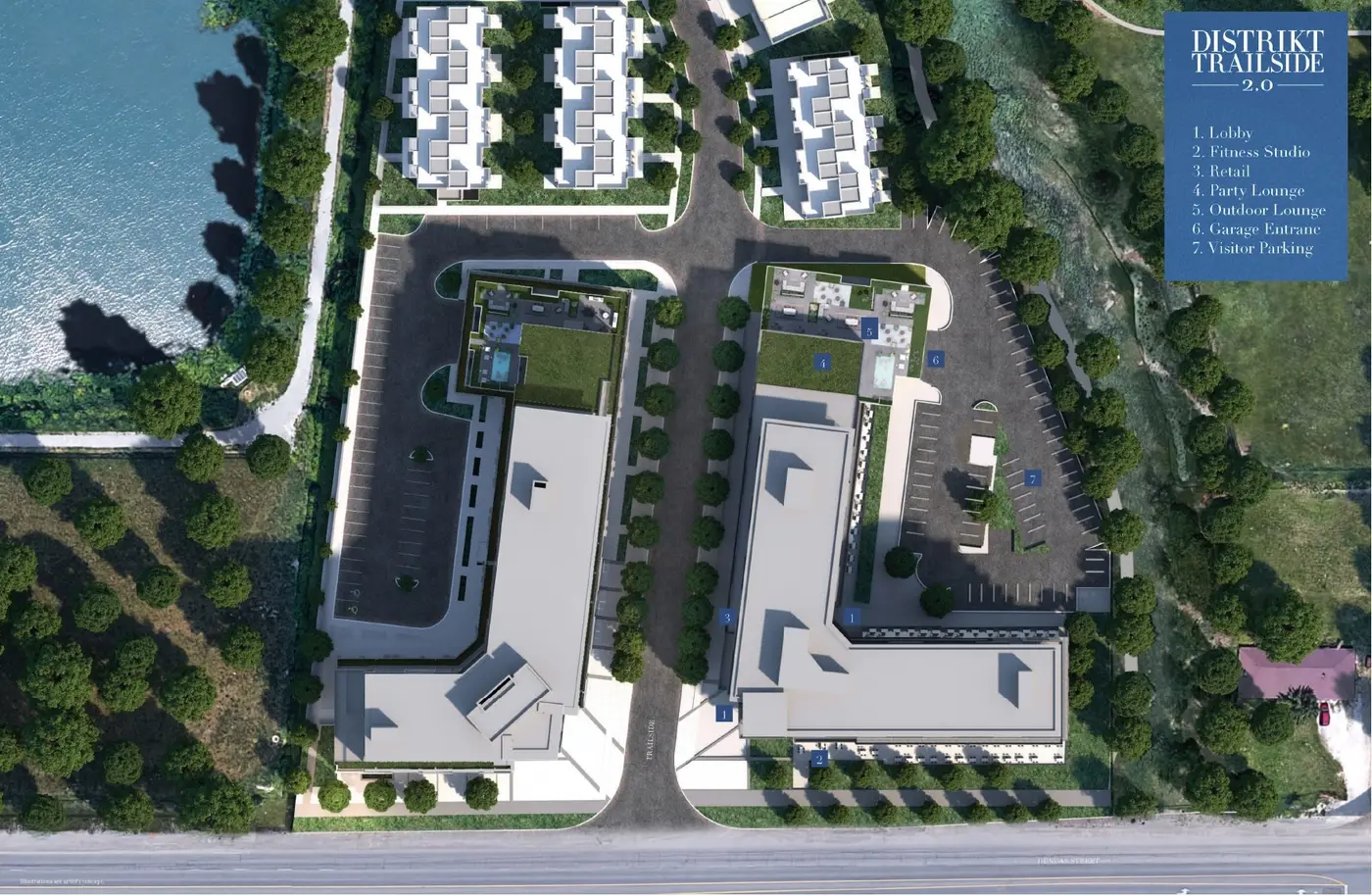 Aerial site plan of Distrikt Trailside 2.0 showing two buildings, townhouse blocks, lobby, amenity areas and visitor parking
