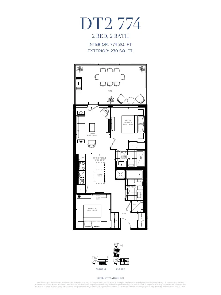 Floor plan of a 774 sq. ft. two-bedroom suite with patio