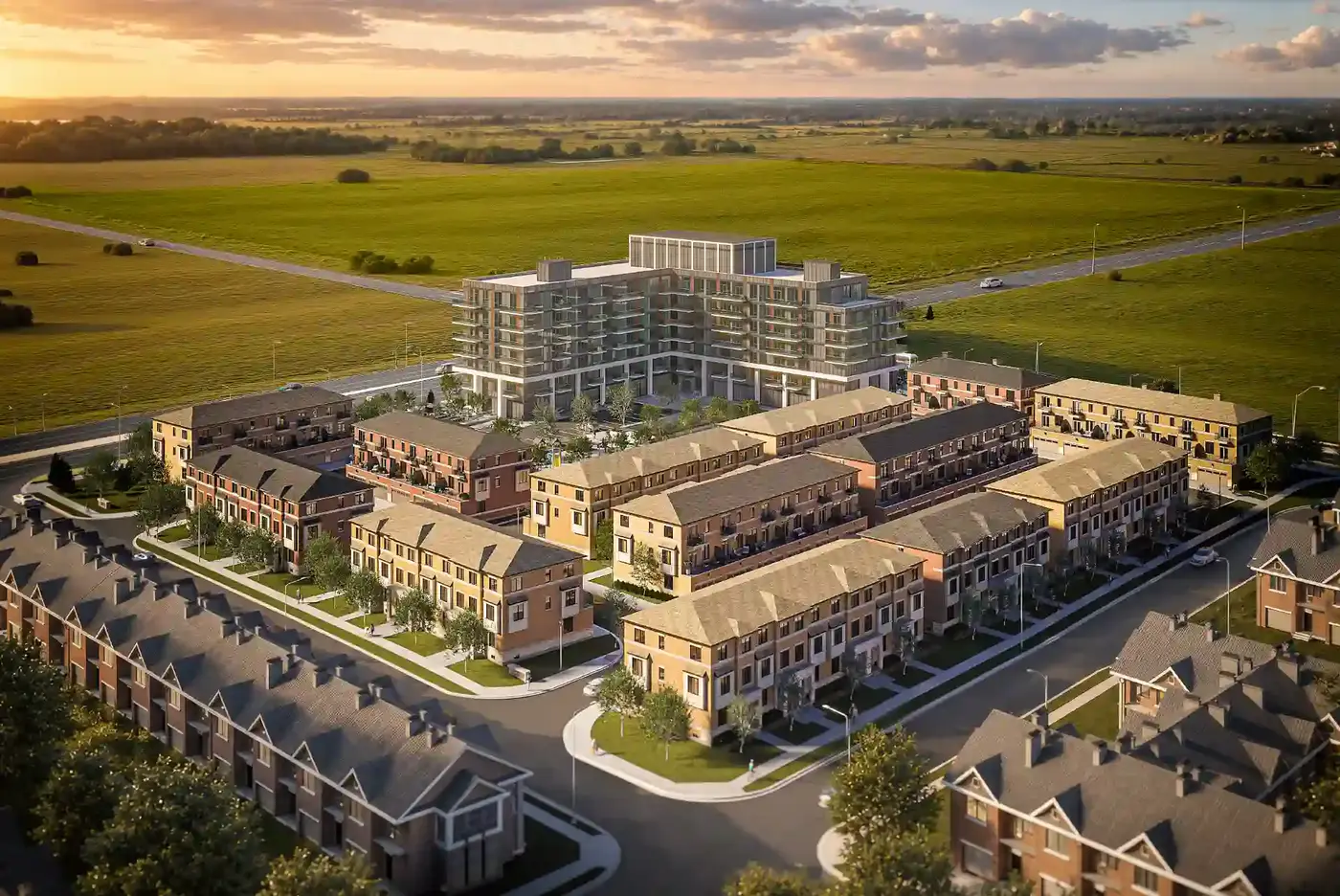 Aerial rendering of the Elements townhome blocks and mid-rise building at Bronte Street South and Britannia Road