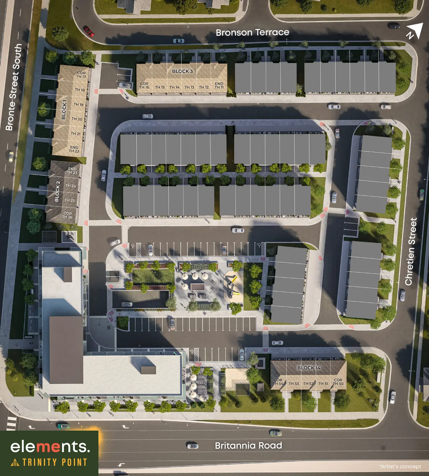 Elements site plan showing townhome blocks, courtyard, mid-rise building and surrounding streets