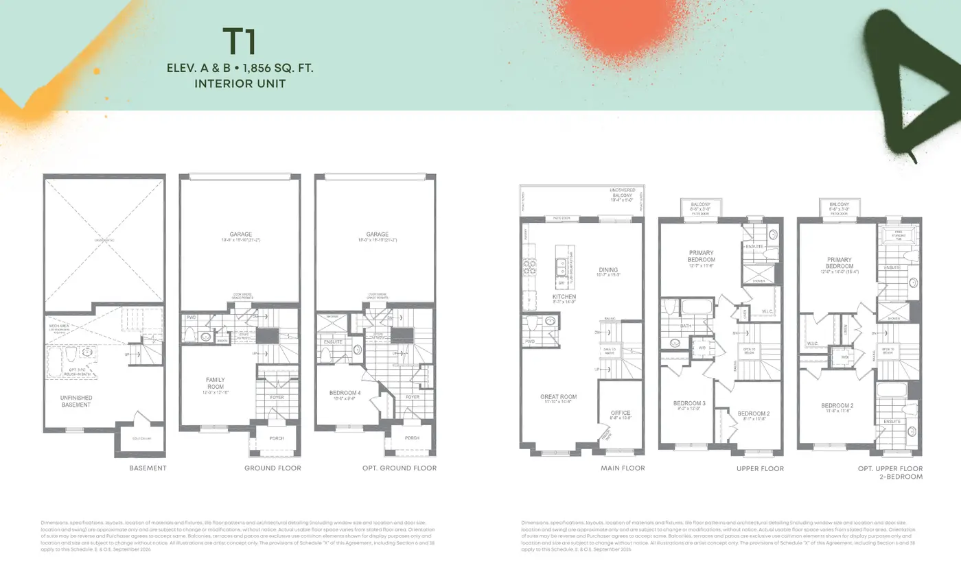 Floor plans of the 1,856 sq. ft. T1 interior townhome, basement through upper floor with optional layouts
