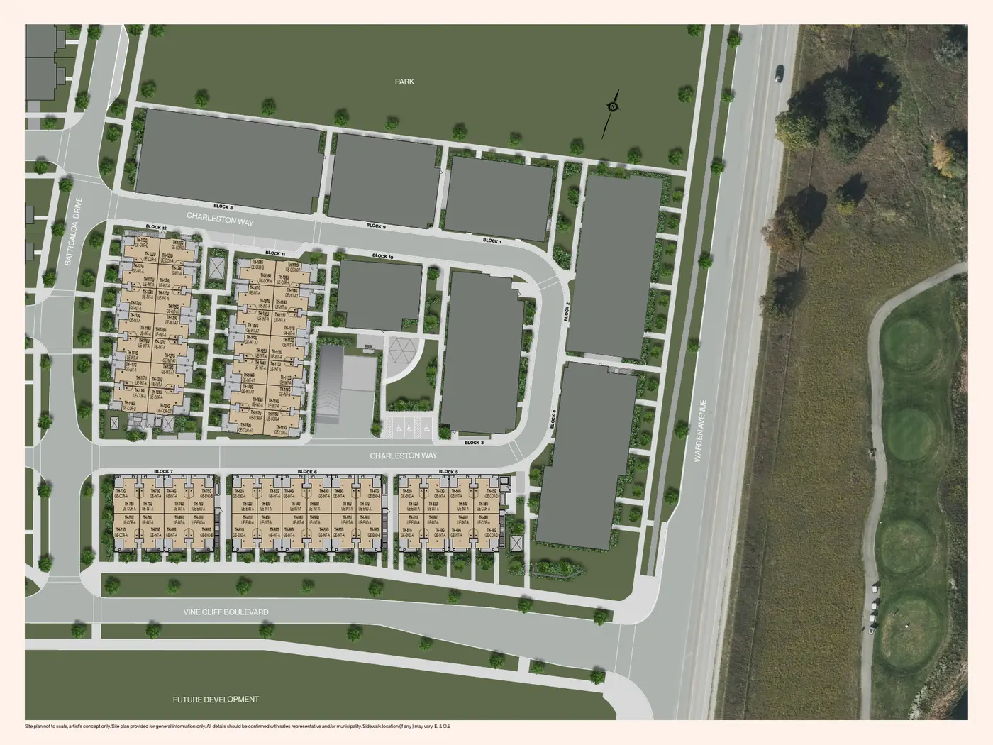 Ellia at Unity site plan showing townhome blocks along Charleston Way, Vine Cliff Boulevard and Warden Avenue