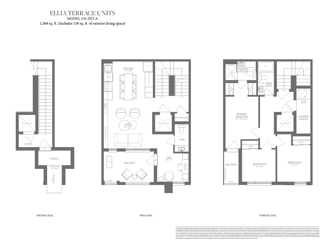 Floor plans of the 1,568 sq. ft. Terrace interior townhome, ground, main and terrace levels