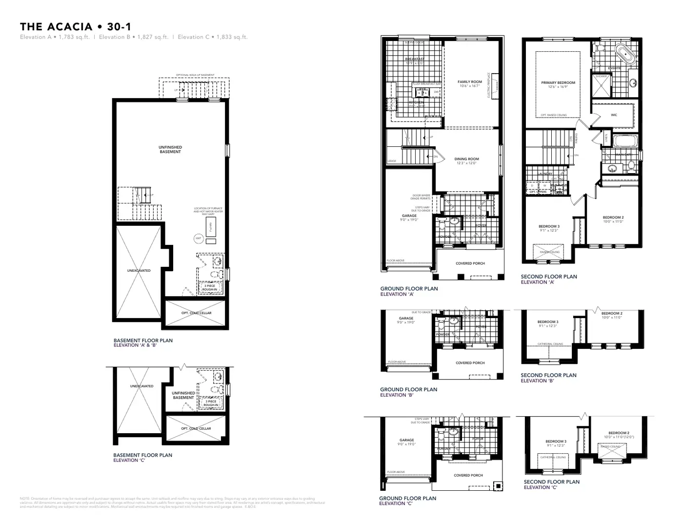 Floor plans of The Acacia 30' home, 1,783 to 1,833 sq. ft.