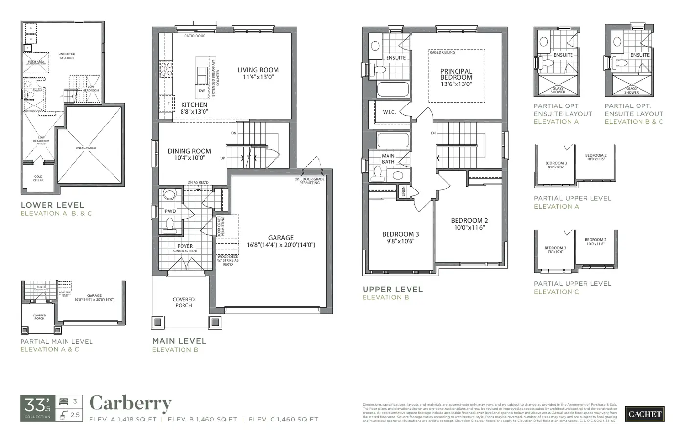 Floor plans of the 1,418 sq. ft. Carberry, lower, main and upper levels