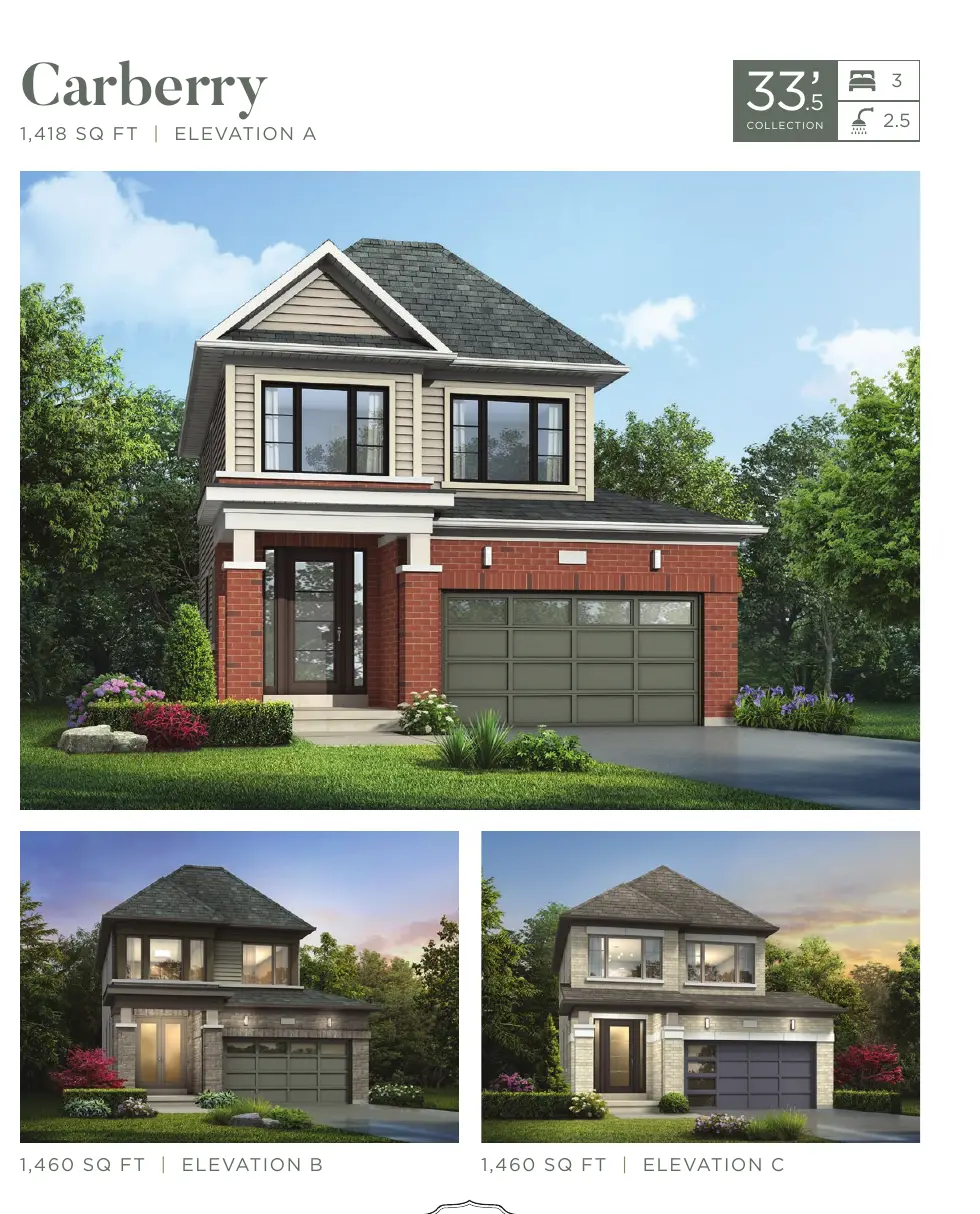 Renderings of the Carberry 33.5' detached home in three elevations