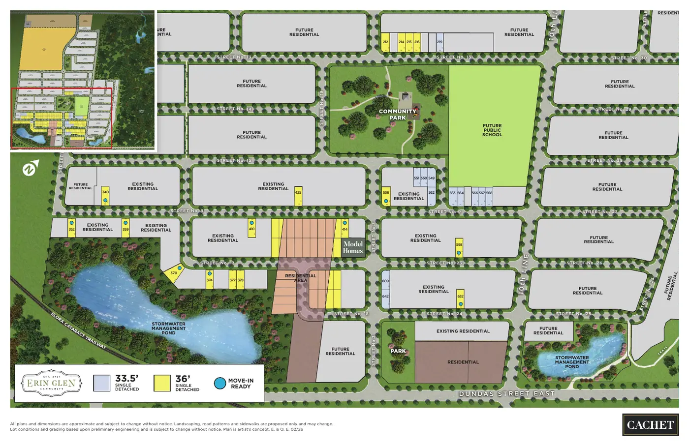 Erin Glen site plan showing 33.5' and 36' detached lots, community park, future school and stormwater ponds