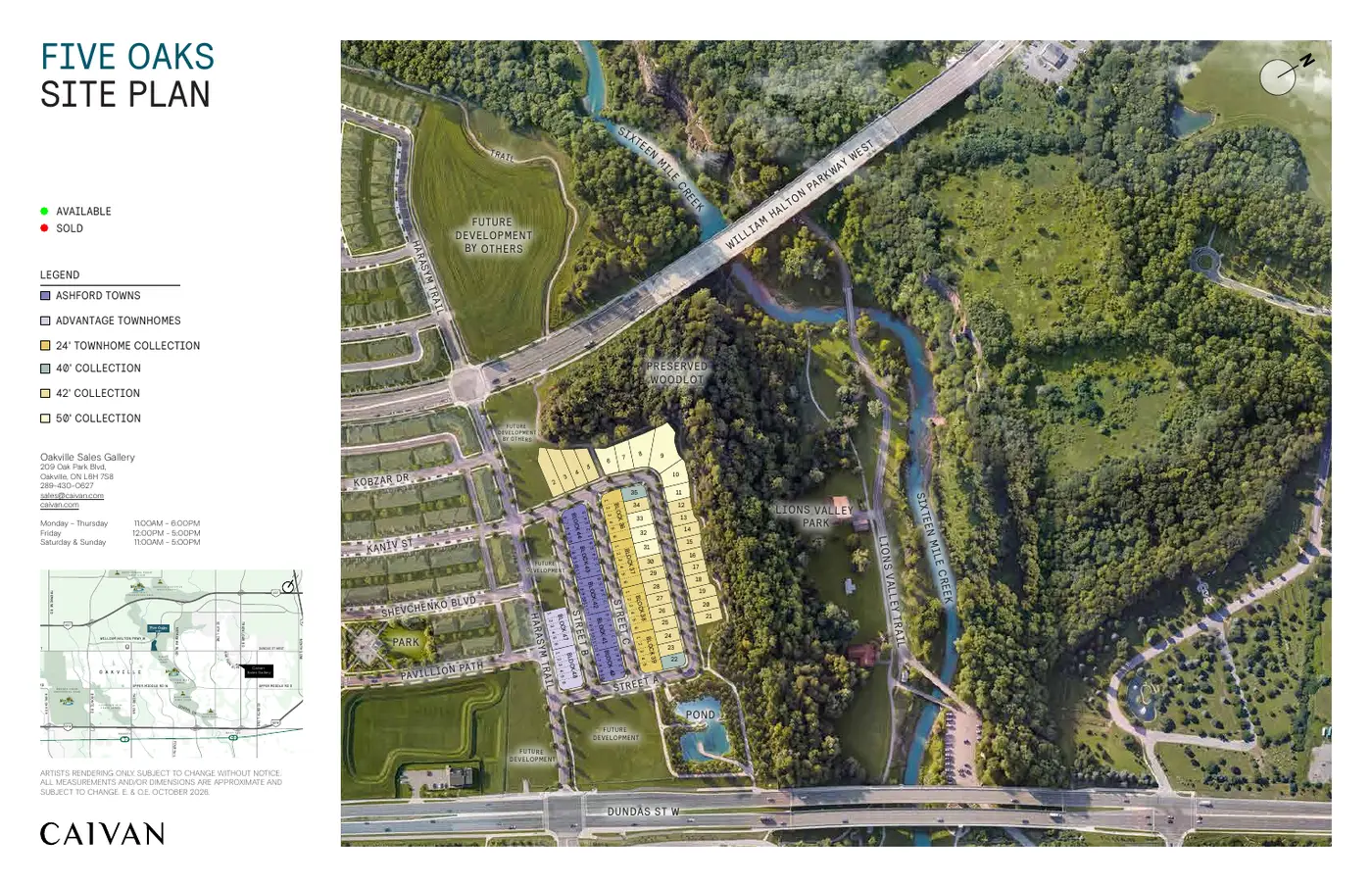 Five Oaks site plan showing townhome and single detached blocks, Lions Valley Park and Sixteen Mile Creek