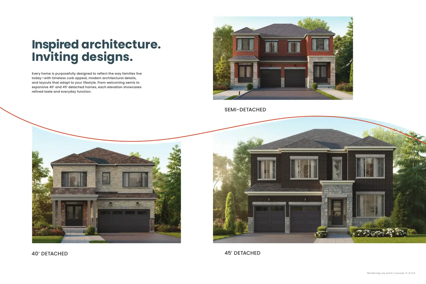 Renderings of the semi-detached, 40' detached and 45' detached home elevations