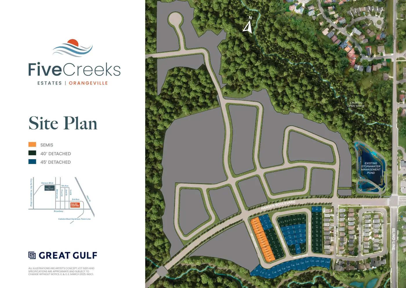 Five Creeks site plan showing semi, 40' detached and 45' detached lots