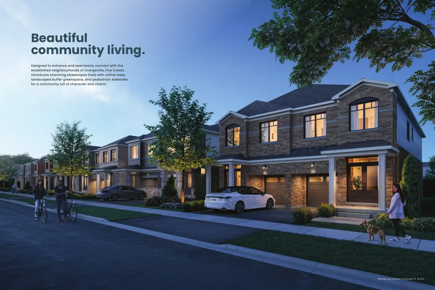 Artist's rendering of detached and semi-detached homes along a Five Creeks street