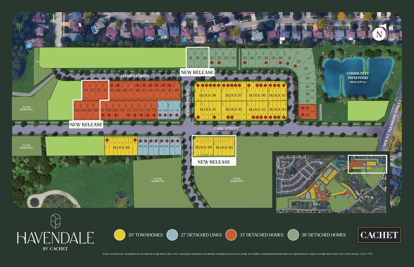 Havendale site plan showing townhome, 27' links, 33' and 36' detached lots