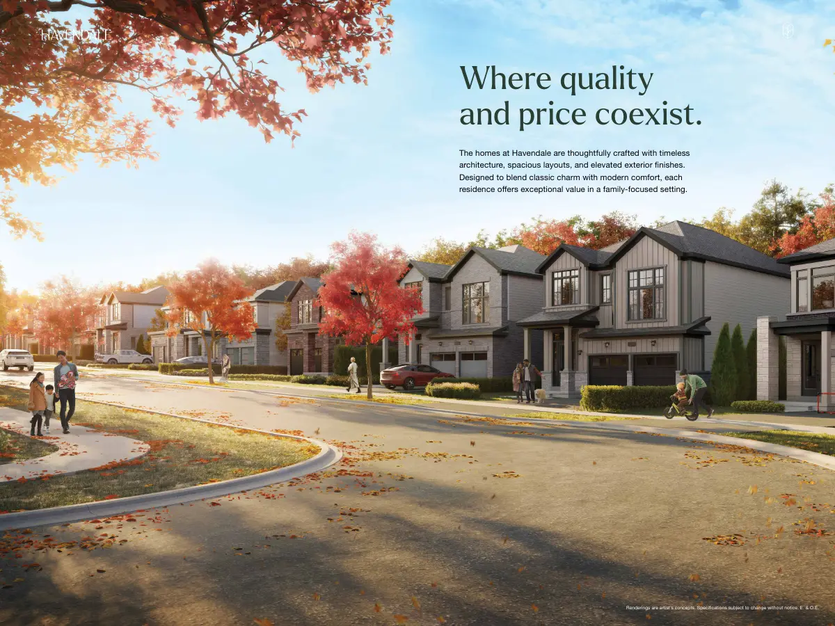 Artist's rendering of a Havendale streetscape with detached and townhome buildings