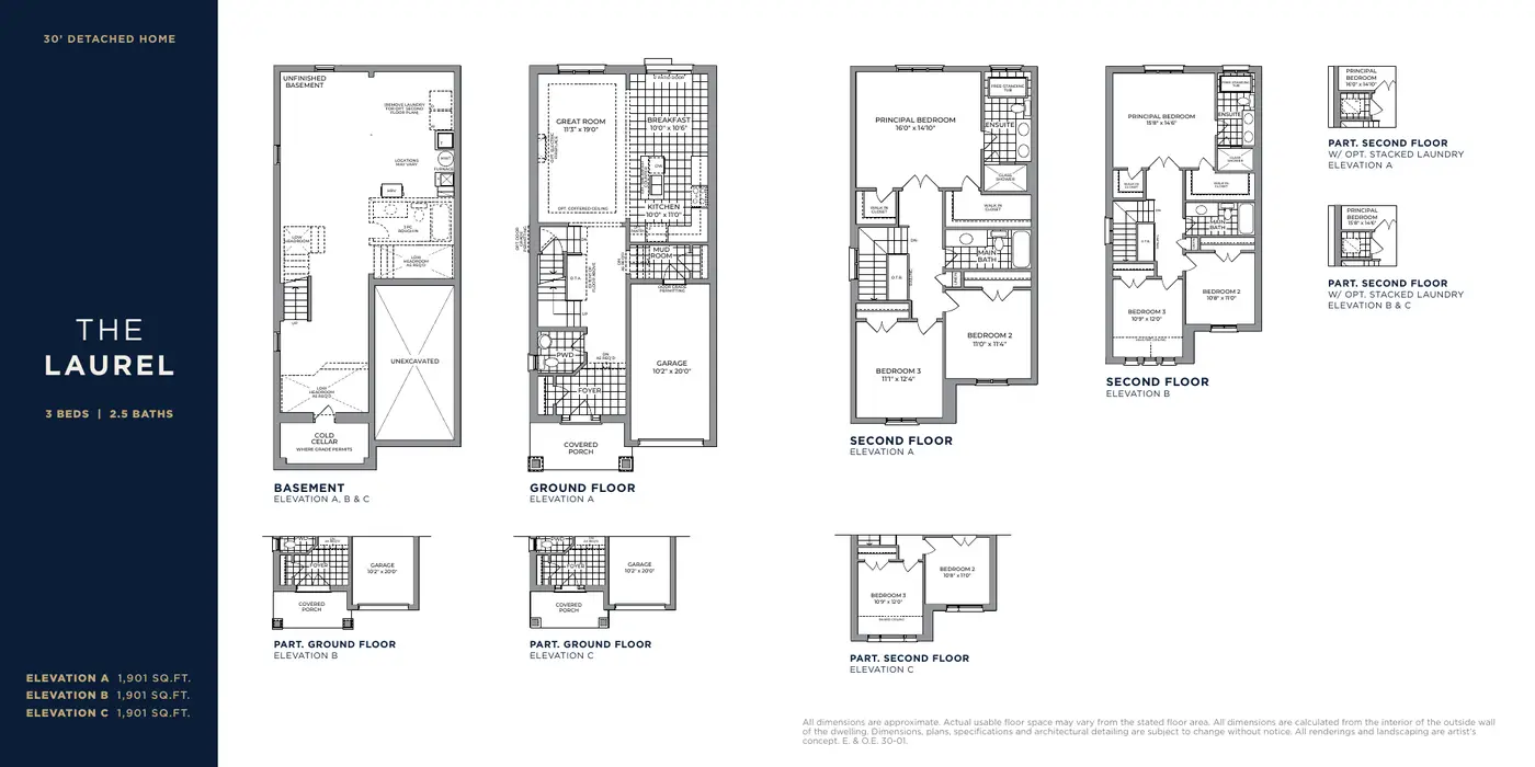 Floor plans of The Laurel 30' detached home, 1,901 sq. ft., basement to second floor