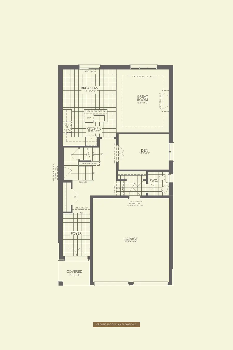 Ground floor plan of the Songbird 1 with kitchen, great room, den and two-car garage