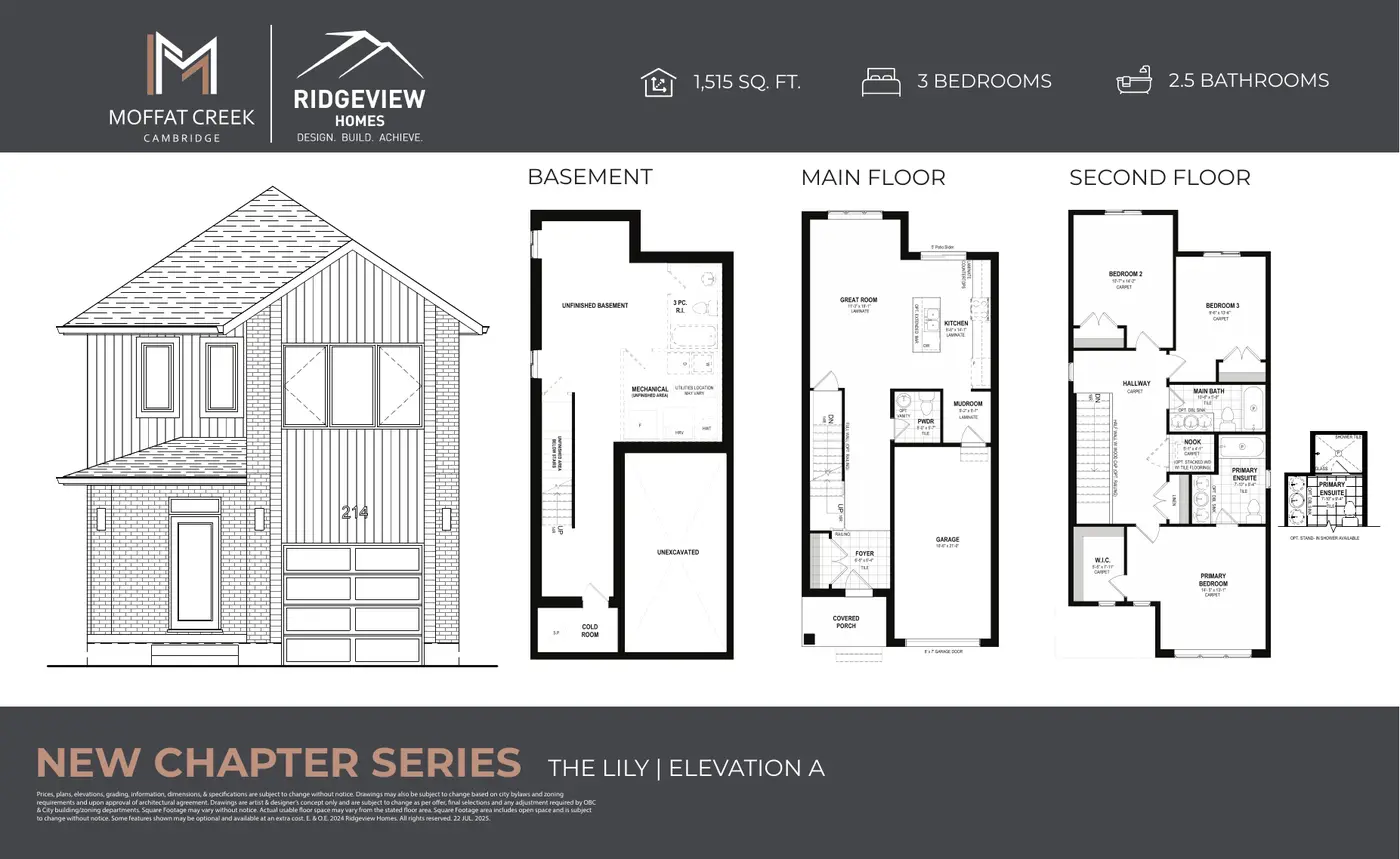 Elevation drawing and floor plans of The Lily, a 1,515 sq. ft. detached home