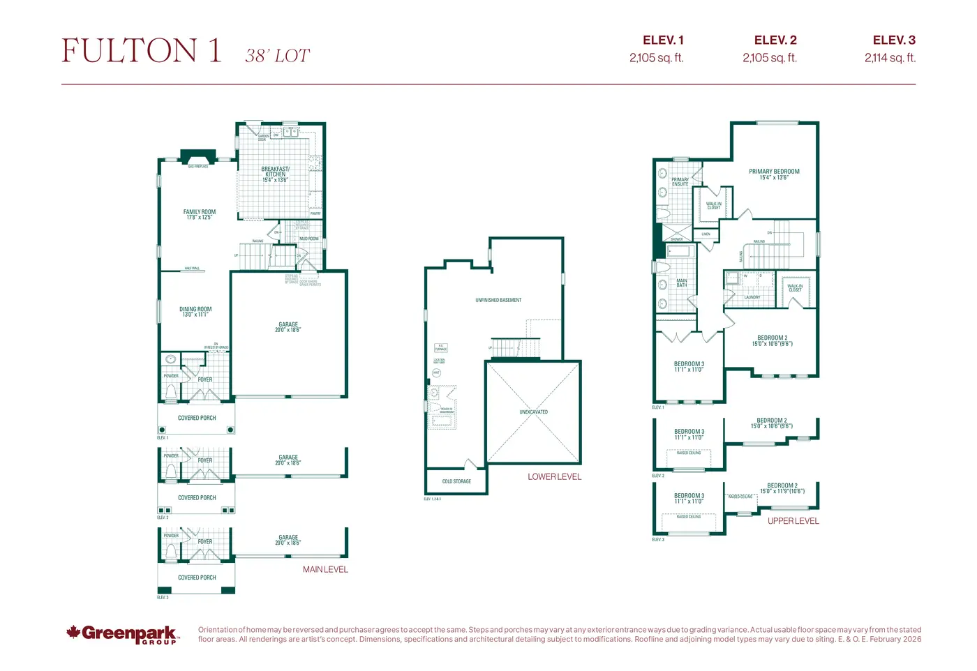Floor plans of the Fulton 1 38' home, main, lower and upper levels
