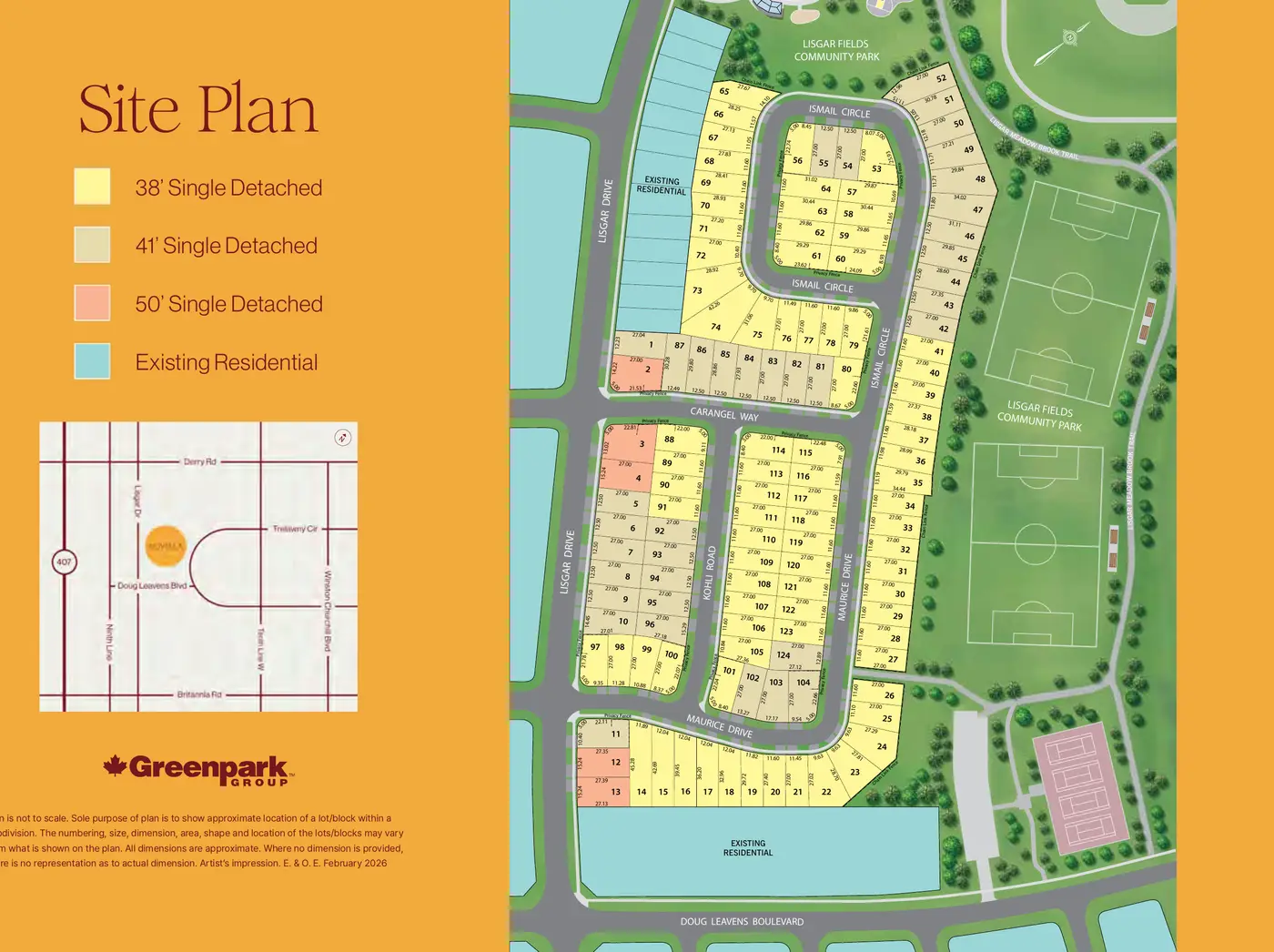 Novella site plan showing 38', 41' and 50' lots beside Lisgar Fields Community Park