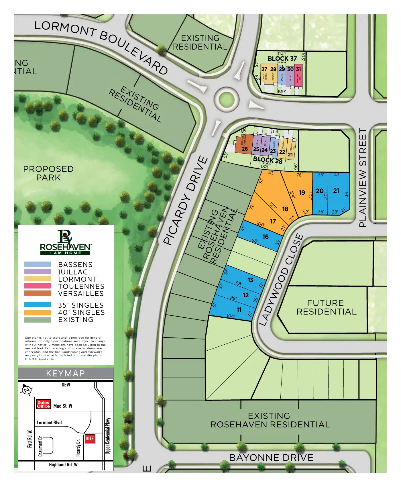 On the Ridge site plan with 35' and 40' singles lots and key map