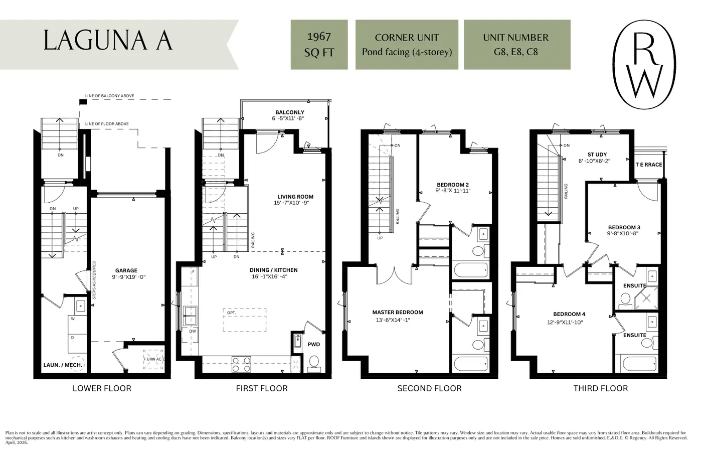 Floor plans of the 1,967 sq. ft. Laguna A 4-storey corner townhome