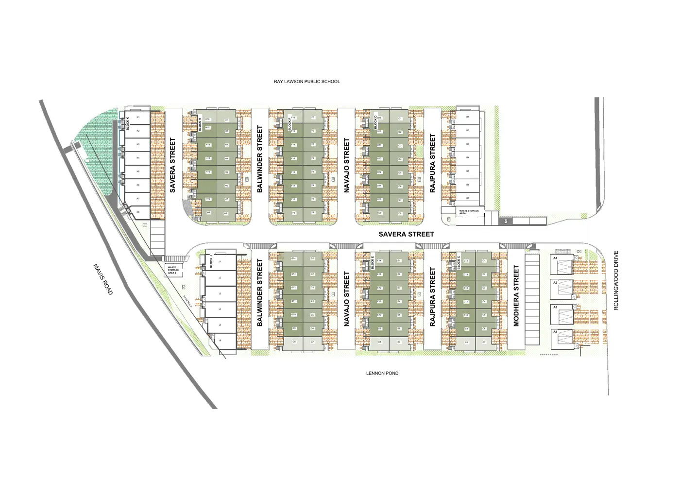 Rollingwood Townhomes site plan showing townhome blocks between Mavis Road and Rollingwood Drive