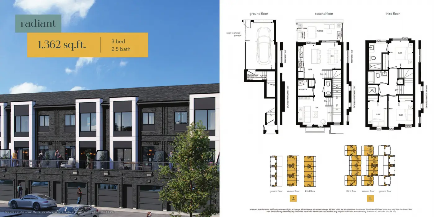 Radiant 3-bedroom stacked townhome elevation and floor plans